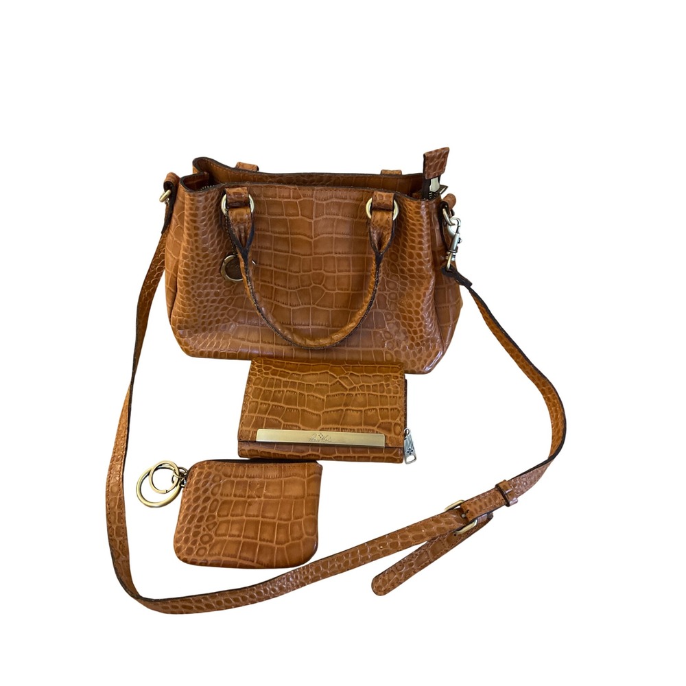 Patricia Nash Leather Satchel Set Croc Embossed Cognac Luxury Classic
